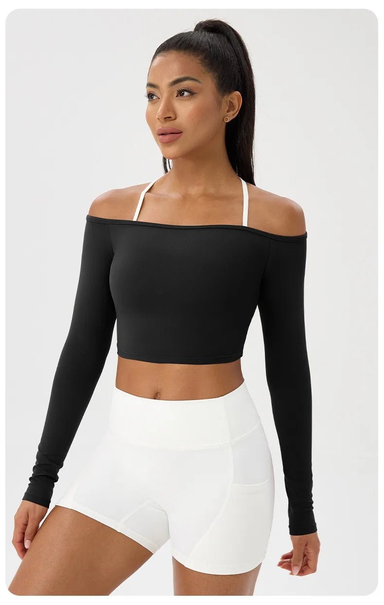 Women Sexy Off Shoulder Yoga Top Long Sleeve Gym Running Top Solid Quick-Dry Sport Workout Shirt - Chrissy's Eye