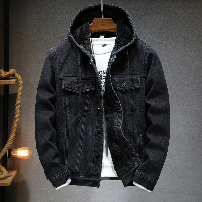 Men's denim jacket, fleece thick thermal, casual hooded - Chrissy's Eye