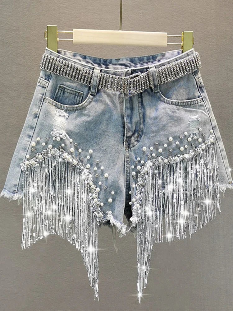 Summer Elegant Shorts Lady Tassel Beading High Waist Wide Leg Denim Shorts Female Casual Solid Shorts Jeans for Women Clothing - Chrissy's Eye