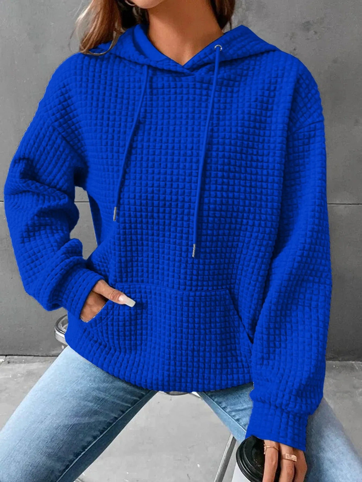 Women's hooded sweatshirt spring and autumn style waffle fashion beautiful solid color hooded drawstring loose sweatshirt - Chrissy's Eye