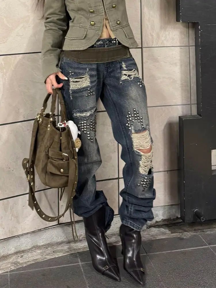 Women Vintage Ripped Y2k Jeans Streetwear American Retro Rivet Hole Design Denim Pants High Street Grunge Trousers Pantalones - Chrissy's Eye