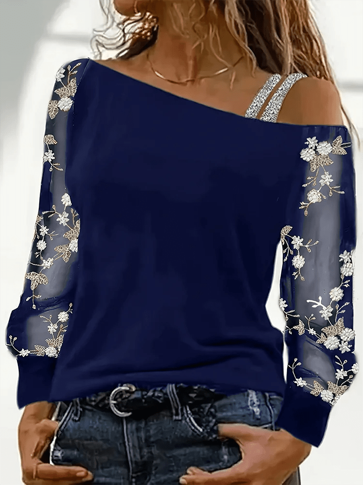 Sexy Off Shoulder Sloping Collar Long Sleeved Lace Printed Women's Top Daily Versatile Dating Parties Autumn Tops - Chrissy's Eye