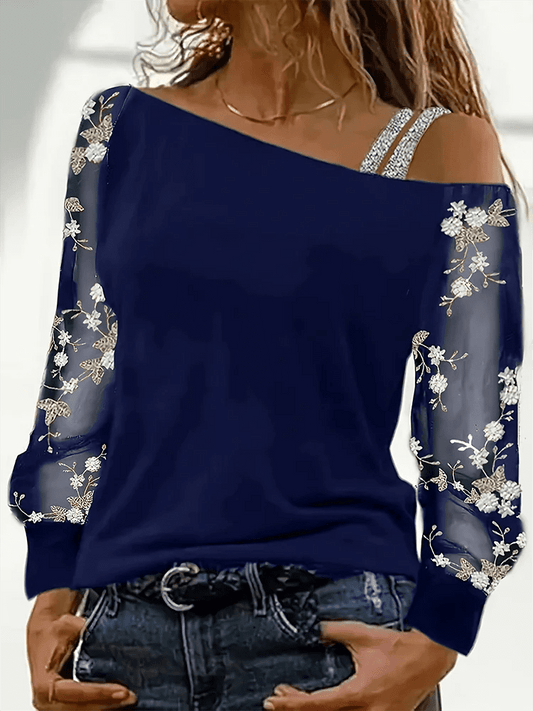 Sexy Off Shoulder Sloping Collar Long Sleeved Lace Printed Women's Top Daily Versatile Dating Parties Autumn Tops - Chrissy's Eye