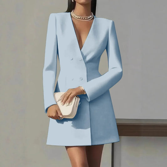 Autumn Double Breasted Solid Color V-Neck Office Suit French Long Sleeved Elegant Slim Fit Blazer Dress for Woman - Chrissy's Eye