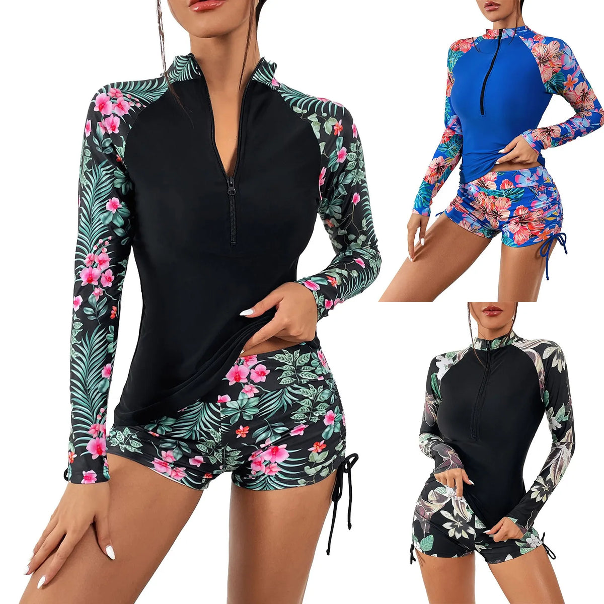 Sunblock Bikinis Sets Women Fashion Round Neck Split Bikini With Drawstring Leaf Print Long Sleeve Surfing Swimsuit With Zipper - Chrissy's Eye