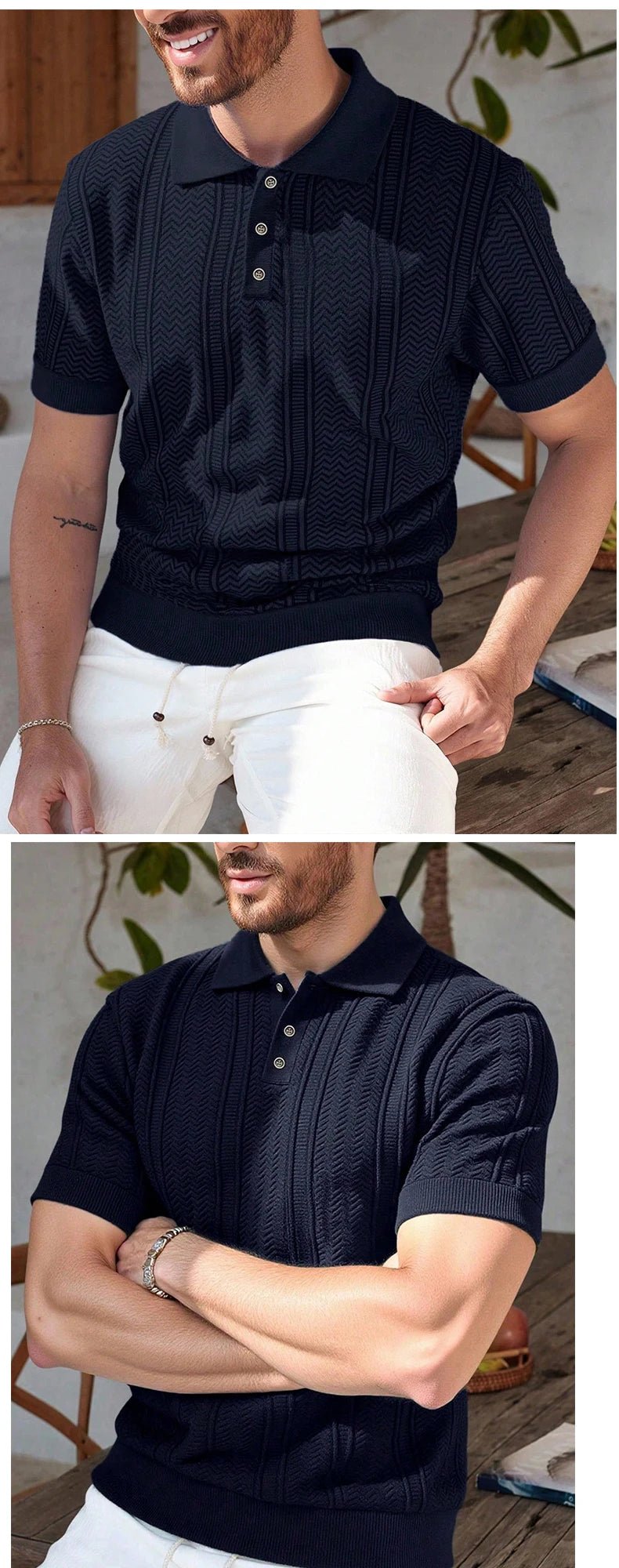 Mens Knit Polo Shirts Short Sleeve Textured Polo Shirt Casual Business Collared Button Shirts - Chrissy's Eye