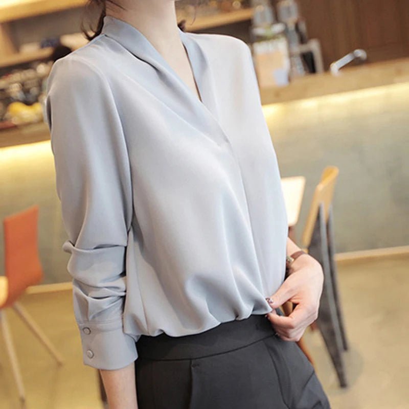 Korean Solid Color V-neck Long Sleeve Lady Chiffon Shirt Spring Autumn Elegant Simple Loose Fit Women's Commuting Shirt New 128 - Chrissy's Eye