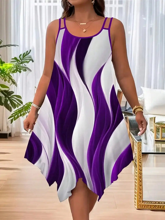 Plus-size women's fashion asymmetrical geometric stripes printed double strap dress - Chrissy's Eye