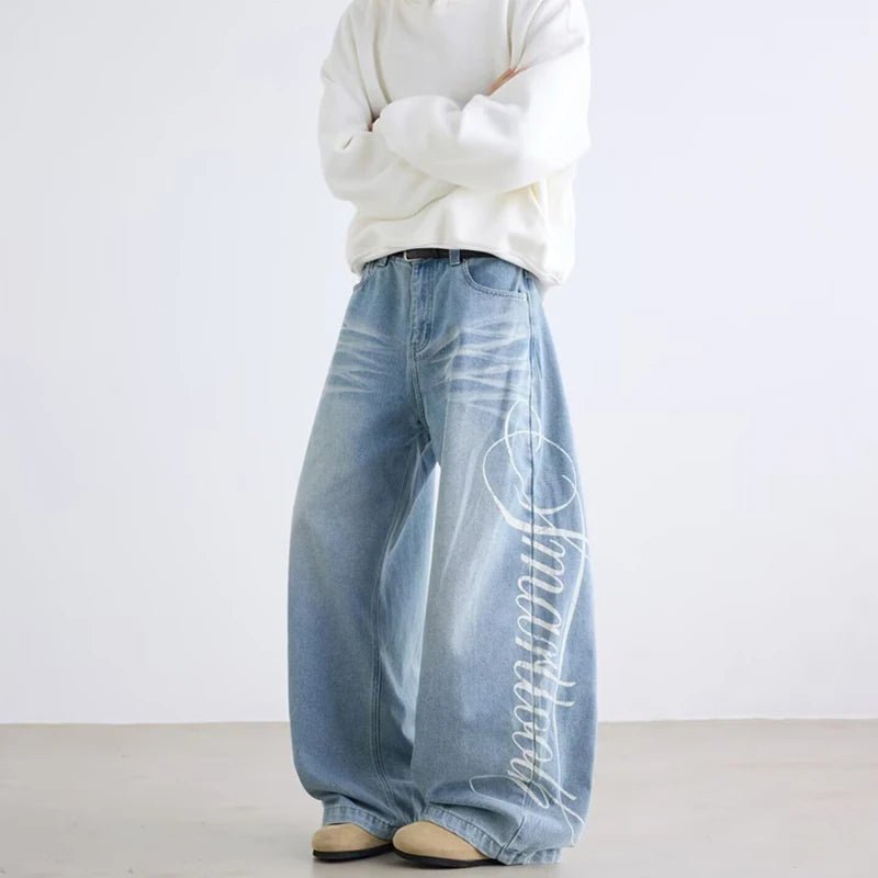 Autumn Men's Letter Printed Straight-Leg Baggy Jeans Hip Hop Fashion Washed Denim Pantalones American Retro Y2K Streetwear Jean - Chrissy's Eye