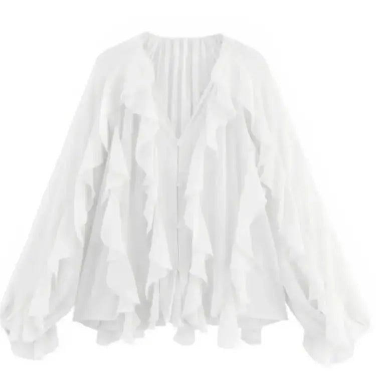 2026 Summer Chic Women's Elegant Loose Long Sleeve Layered Shirts Office Lady Vintage V-neck Translucent Tierred Ruffles Blouses - Chrissy's Eye