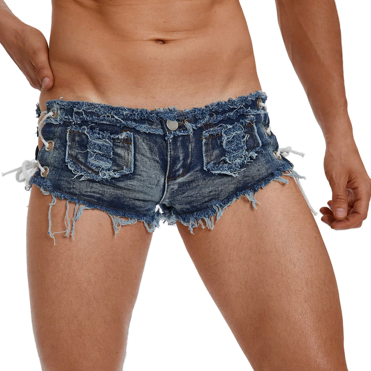 Men's Low Rise Extra Short Hot Pants Raw Edge Ripped Denim Shorts with Sides Lace-up Booty Jeans Shorts for Rave Party Clubwear - Chrissy's Eye