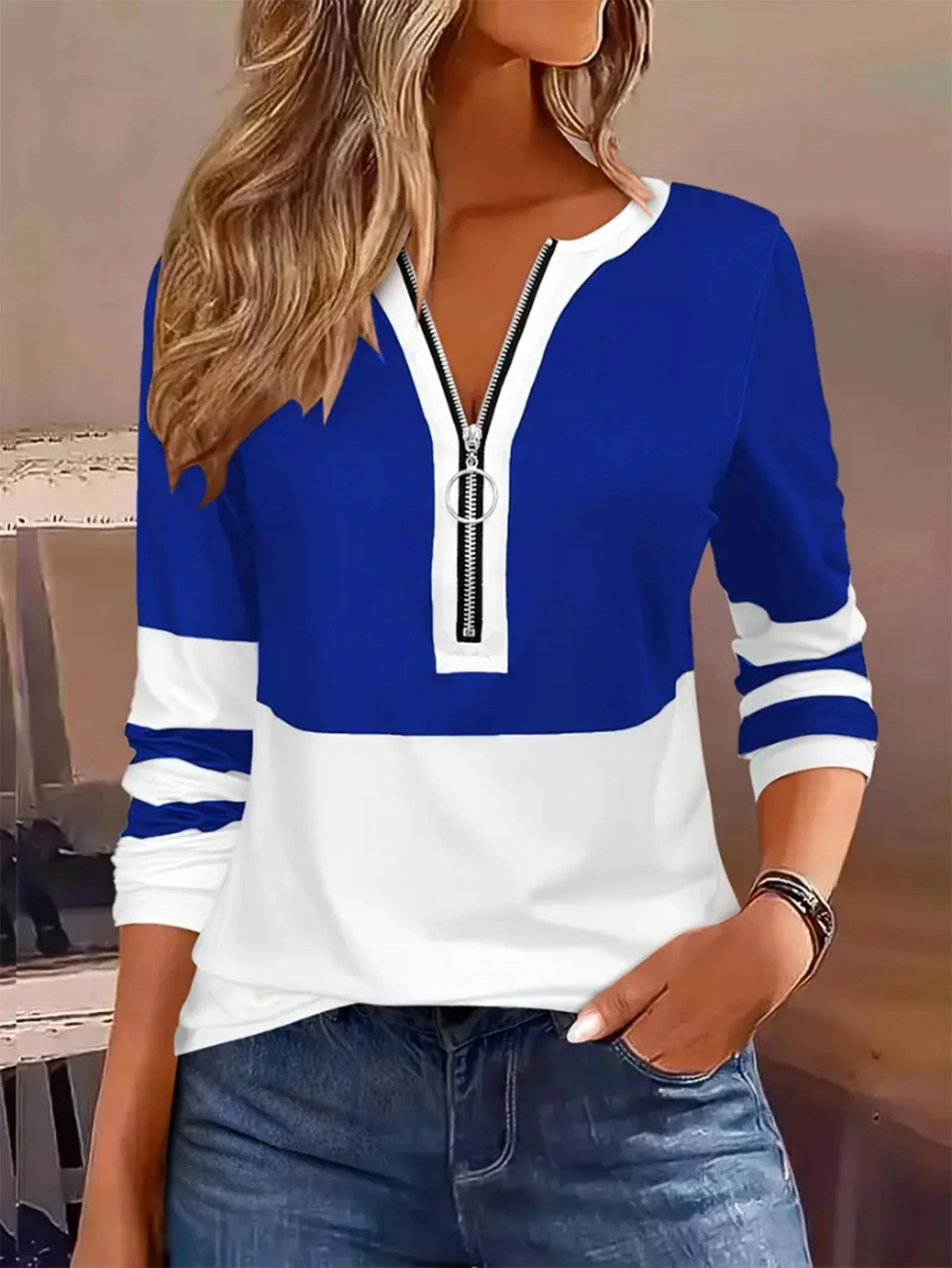 Plus Size Long Sleeve T-Shirt with Geometric Stripes & Color Block Ring Zipper Detail - Chrissy's Eye