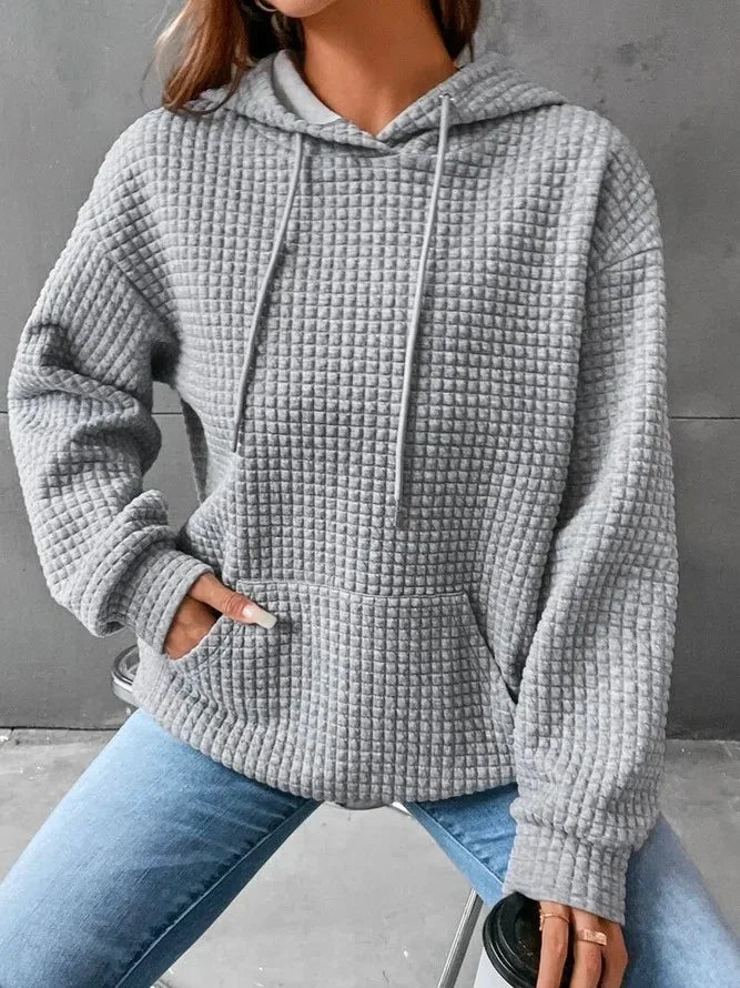 Women's hooded sweatshirt spring and autumn style waffle fashion beautiful solid color hooded drawstring loose sweatshirt - Chrissy's Eye