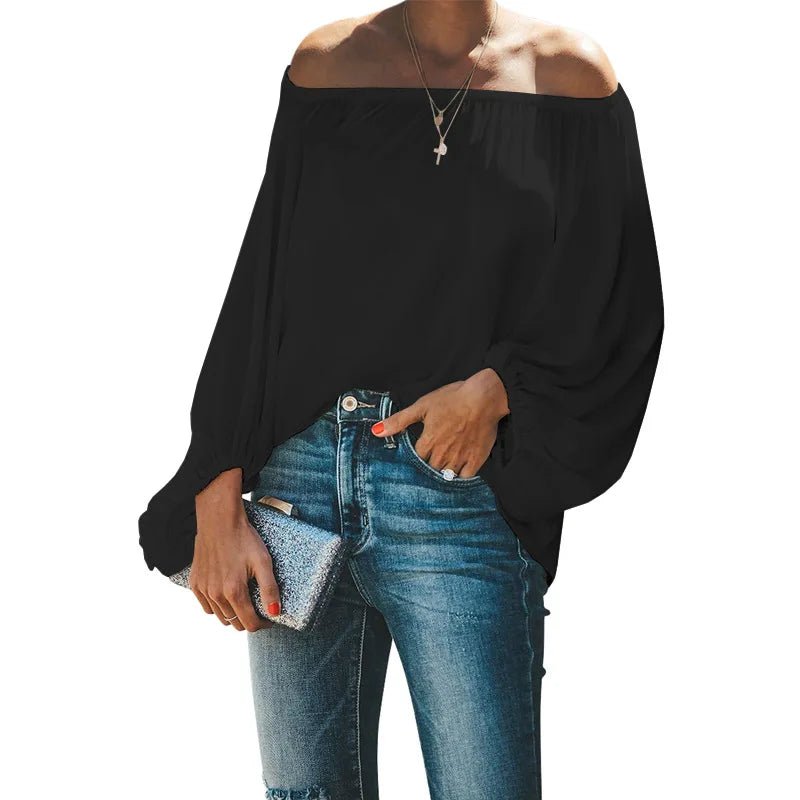 2024 off-shoulder tops for women autumn new one-shoulder solid color lantern sleeves loose long-sleeved T-shirt - Chrissy's Eye