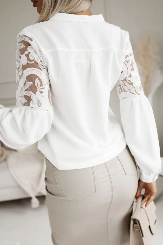 Women Chicturn Down Neck Lace Patch Beading Long Lantern Sleeves Button Casual Blouses Tops - Chrissy's Eye