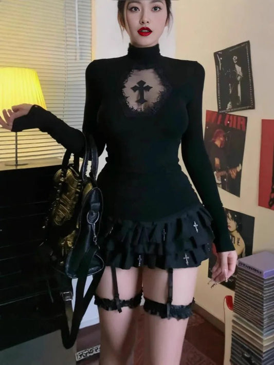 Turtleneck Top Y2k Clothes Black Gothic Cross Hollow Slimming Bottom T Shirt for Women Long Sleeve Sexy T-shirt Girls Tops - Chrissy's Eye