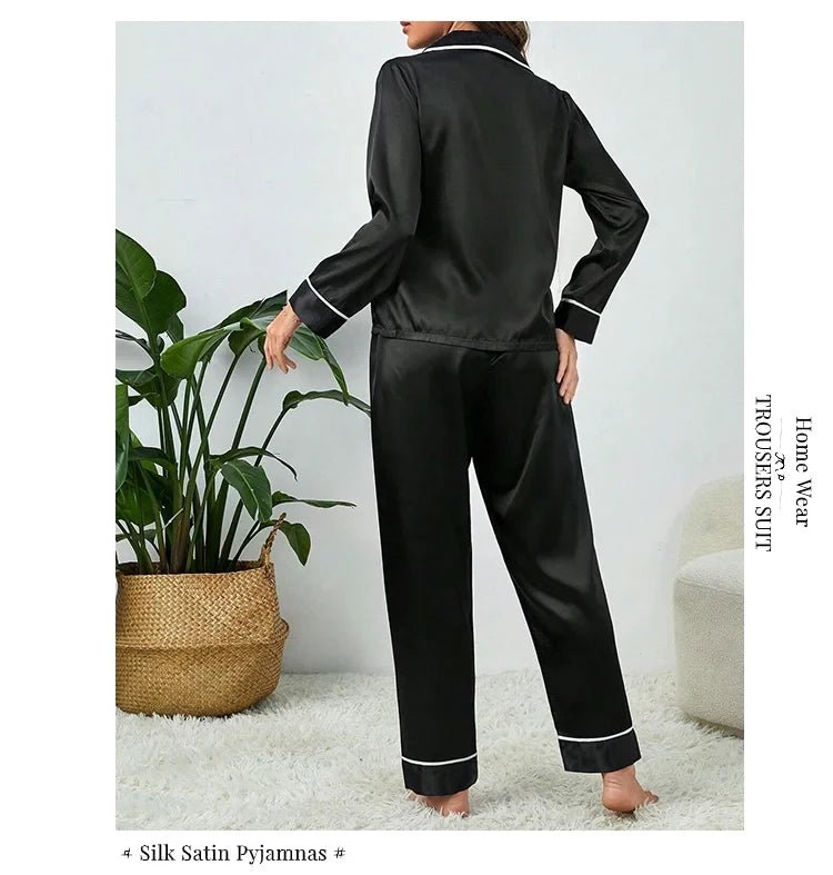 Plus Size Fall and Winter Silk Satin Women Pajamas Set Button down Top & Trousers 2 PCS Set Sleepwear Solid Nightwear Loungewear - Chrissy's Eye