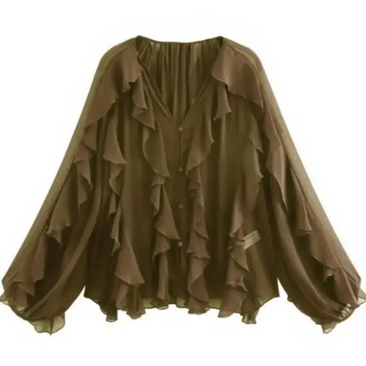 2026 Summer Chic Women's Elegant Loose Long Sleeve Layered Shirts Office Lady Vintage V-neck Translucent Tierred Ruffles Blouses - Chrissy's Eye