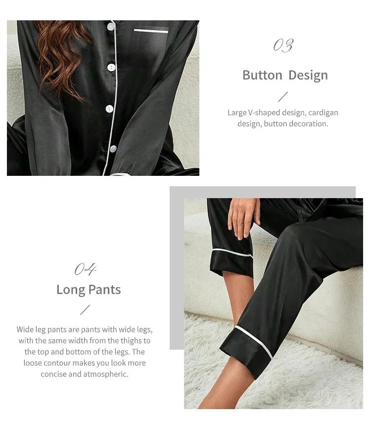 Plus Size Fall and Winter Silk Satin Women Pajamas Set Button down Top & Trousers 2 PCS Set Sleepwear Solid Nightwear Loungewear - Chrissy's Eye