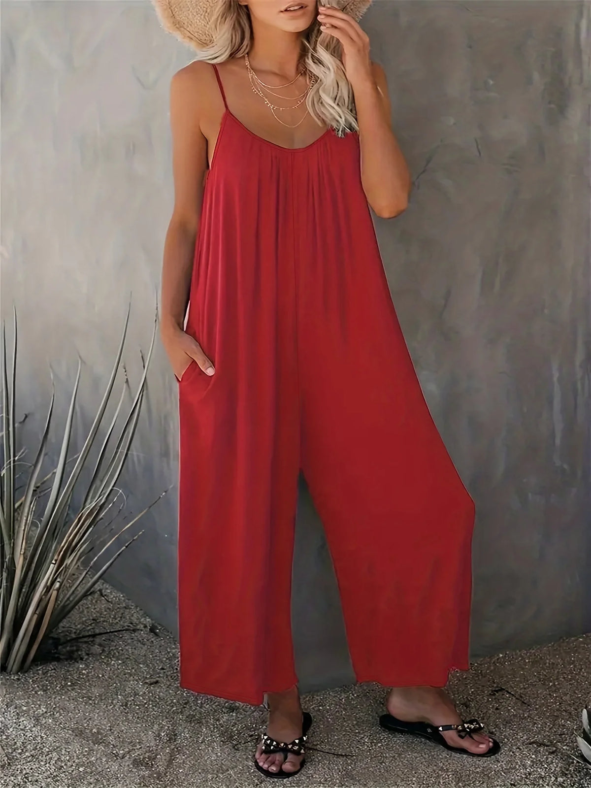Plus Size Women's 2025 Summer Jumpsuit - Sleeveless Wide Leg Romper with Side Pockets, Casual One Piece Outfit - Chrissy's Eye