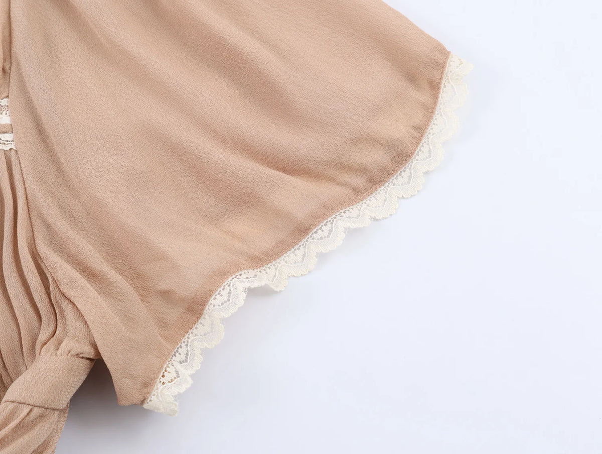 Chic Solid Fashion 2026 Spring Woman Lace Dress Patchwork Khaki Mini Casual Dress Backless Streetwear Female Vestidos - Chrissy's Eye