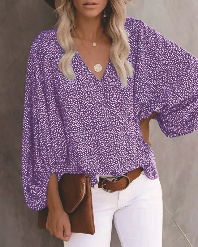 2023 New European and American Cross Boder Spring/Summer/Autumn V-neck Casual Shirt Printed Lantern Sleeve Top Women's W - Chrissy's Eye