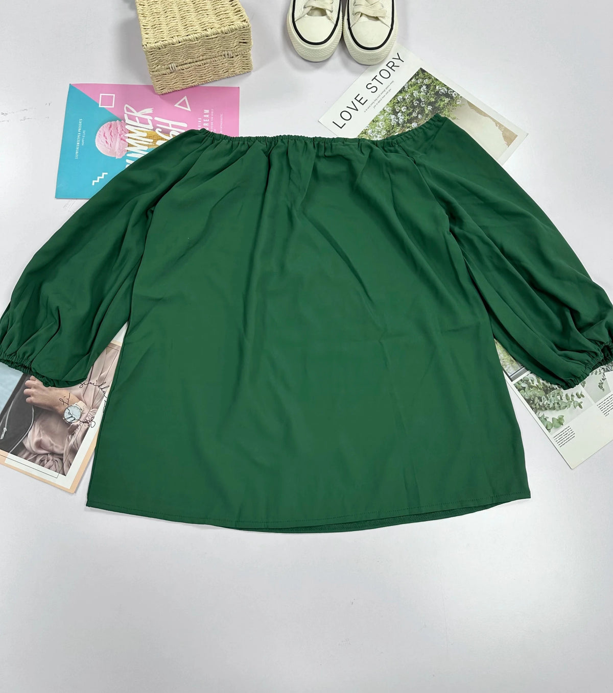 2024 off-shoulder tops for women autumn new one-shoulder solid color lantern sleeves loose long-sleeved T-shirt - Chrissy's Eye