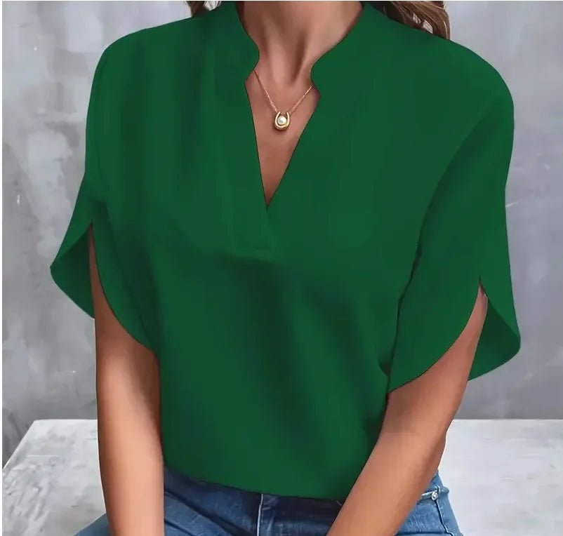 Summer Elegant Women's Blouse New V-neck Short Sleeve Solid Color Loose Shirt Casual White Tops Office Lady Blouses - Chrissy's Eye