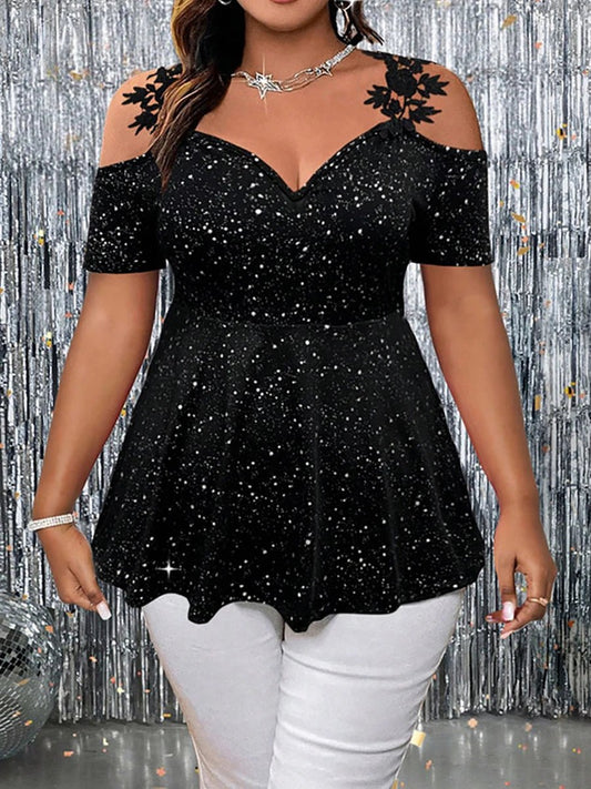 Plus Size Women's T-Shirt Cold Shoulder V Neck Lace Glitter Peplum Tops Glam Spring Summer Chic T-Shirt Party Stretchy Tops - Chrissy's Eye