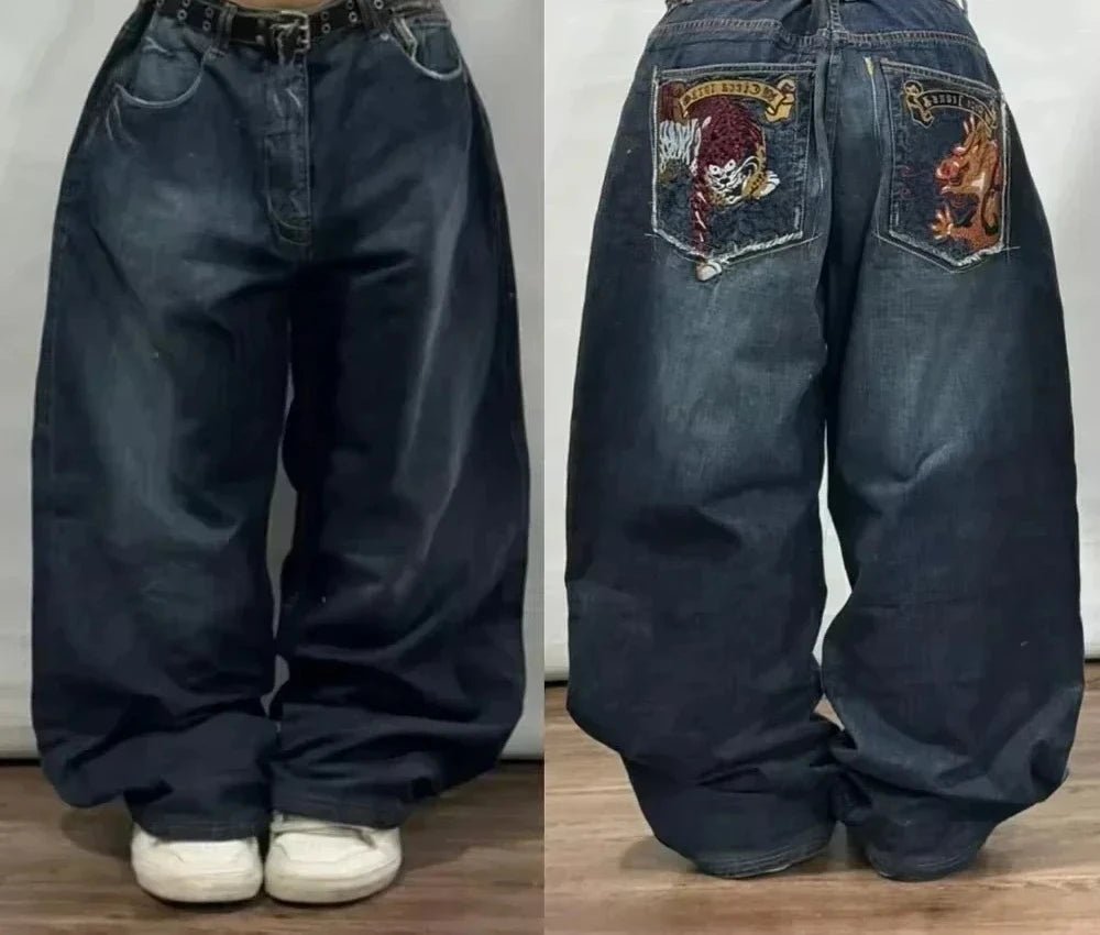 Street Fashion Trend Skull Embroidered Jeans Women Harajuku Y2K New Hip Hop Joker Straight Wide-leg Pants Couple Casual Jeans - Chrissy's Eye