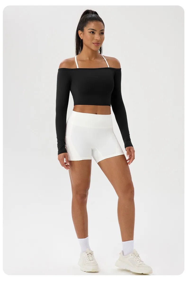 Women Sexy Off Shoulder Yoga Top Long Sleeve Gym Running Top Solid Quick-Dry Sport Workout Shirt - Chrissy's Eye