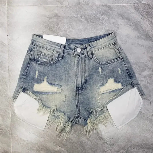 2026 Summer New Tassel Ripped Denim Shorts Women High Waist A-shaped y2k Shorts Pink Blue - Chrissy's Eye