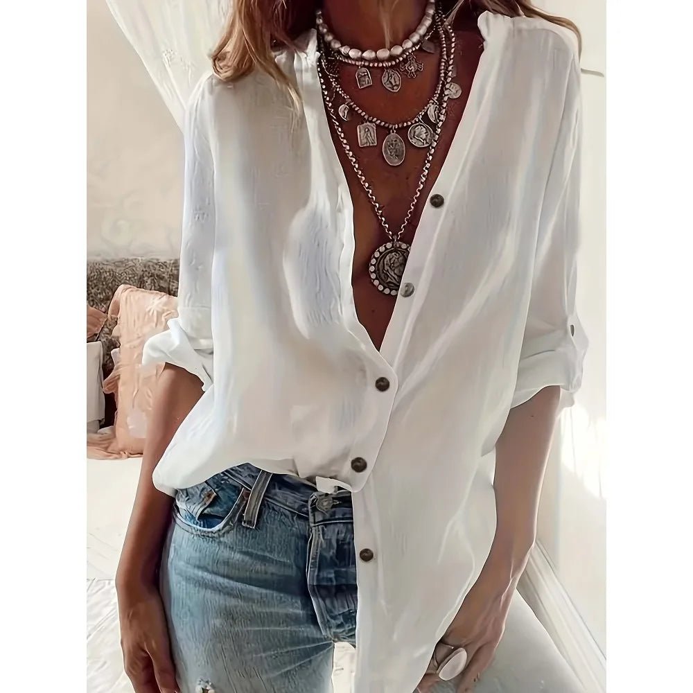 Plus Size 1XL-5XL Rollable Sleeve Solid Blouse Casual V Neck Button Front Blouse Ladies Casual Long Sleeves Blouse Shirt Top - Chrissy's Eye