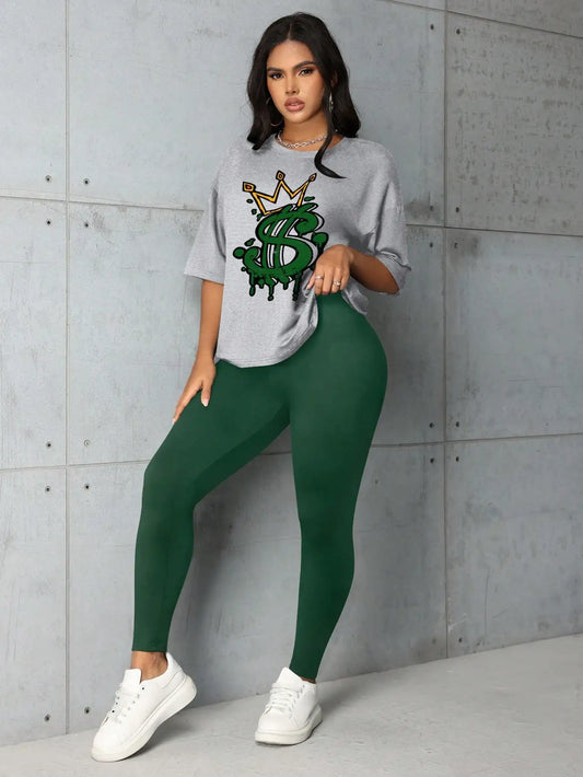 Crown Letter Print Pants Set Y2K Summer Round Neck Graphic Short Sleeve T-shirt & Skinny Pants Suit 2 Piece Sets Women Outfit - Chrissy's Eye