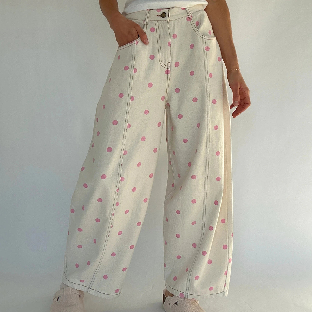 Fashion Women Barrel Jeans Dot Print Loose Denim Pants Spring Casual Baggy Trousers Fashion Wide-Leg Pants - Chrissy's Eye