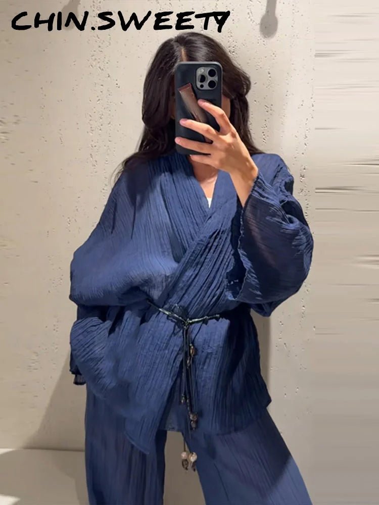 set/S - Fashion Solid Women's Trousers Suits Long Sleeve V-Neck Lace Up Tops Wide Leg Pants 2026 Summer Casual 2 Pieces Set Women - Chrissy's Eye