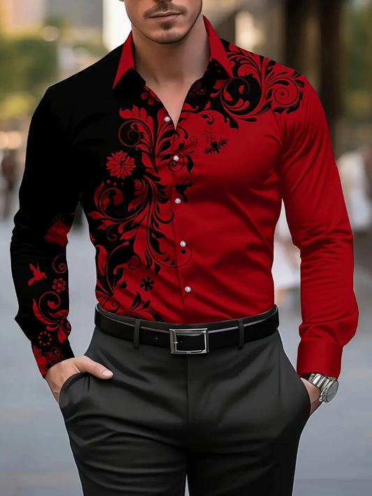 Men's Red Floral Long-Sleeve Button-Up Shirt - Chrissy's Eye