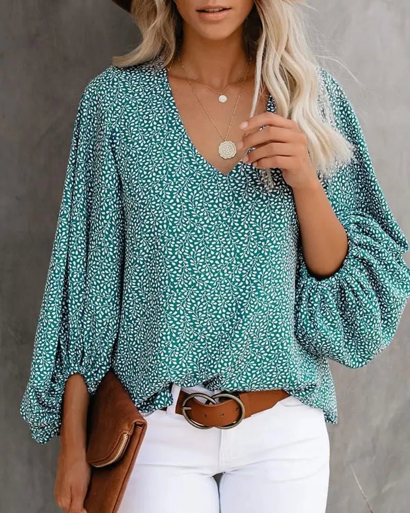2023 New European and American Cross Boder Spring/Summer/Autumn V-neck Casual Shirt Printed Lantern Sleeve Top Women's W - Chrissy's Eye