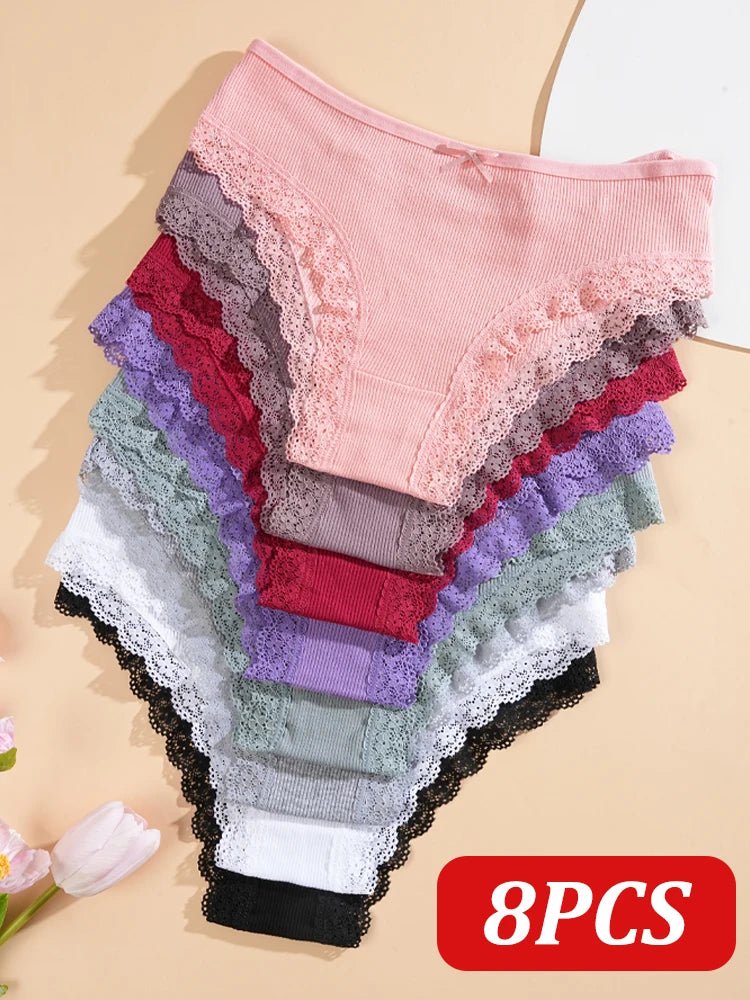 8PCS Women's Cotton Fabric Panties Sexy Lace Bowknot Solid Color Bikini Underpants Fashion Double Straps Comfortable Underwear - Chrissy's Eye