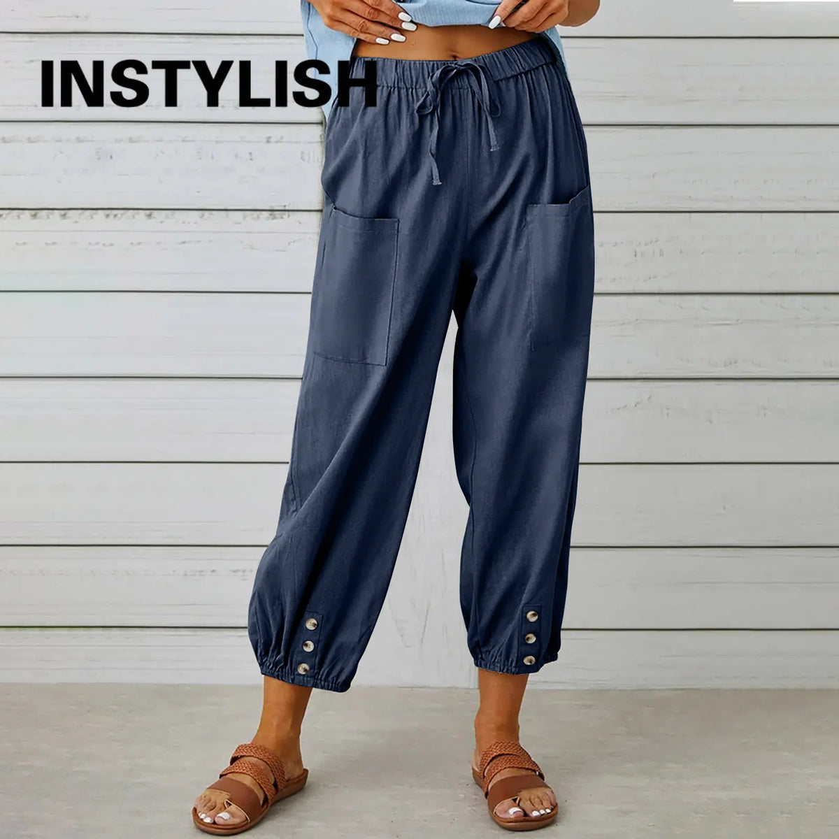 Women Cotton Linen Pants 2023 Autumn Solid Color Elastic Waist Loose Straight Trousers Female Harajuku High Waist Wide Leg Pants - Chrissy's Eye