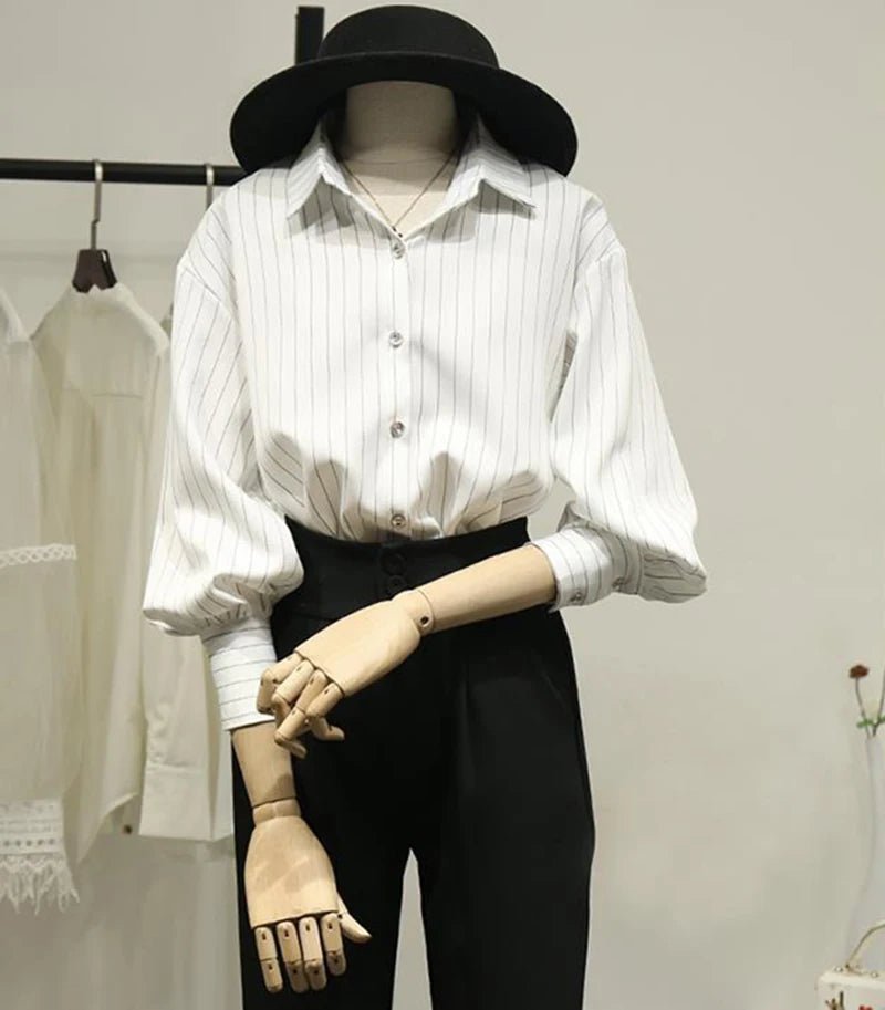 Retro Striped Women's Shirt, Office Long Sleeve Casual Blouse, Button-down Turn Down Collar blouse - Chrissy's Eye