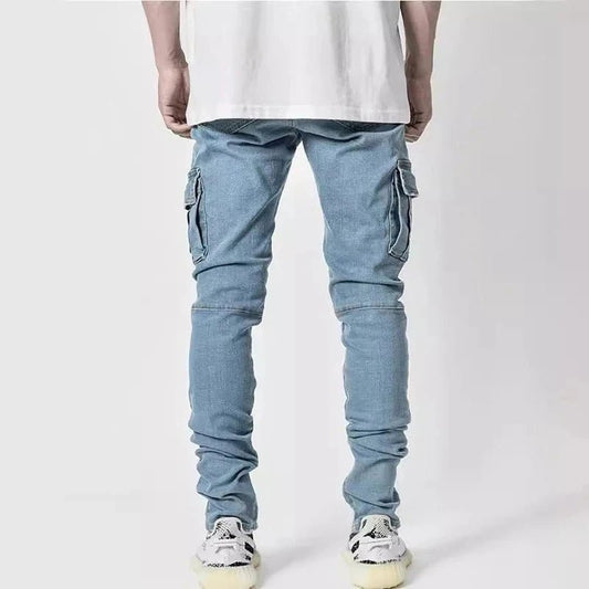 Men Street Elastic Denim Jeans Wash Solid Color Multi Pockets Cargo Pants Casual Slim Fit Daily Wear Joggers Mid Waist Trousers - Chrissy's Eye