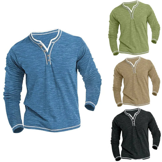 New Cotton Small V-neck T-shirts Men's Casual T-shirt Fall Winter Long-sleeved Comfortable Soft Stretch Henley Shirt - Chrissy's Eye