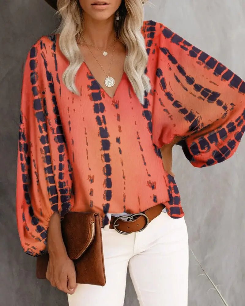 2023 New European and American Cross Boder Spring/Summer/Autumn V-neck Casual Shirt Printed Lantern Sleeve Top Women's W - Chrissy's Eye