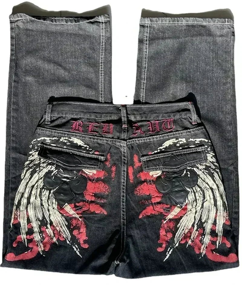 Street Fashion Trend Skull Embroidered Jeans Women Harajuku Y2K New Hip Hop Joker Straight Wide-leg Pants Couple Casual Jeans - Chrissy's Eye