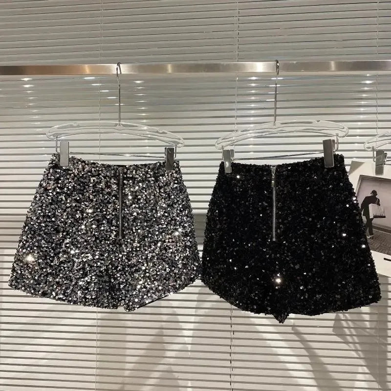 New Autumn Black Velvet Shorts Women Sequined Shiny Versatile Short Pants Clubwear Shorts Hot Pants High Street - Chrissy's Eye