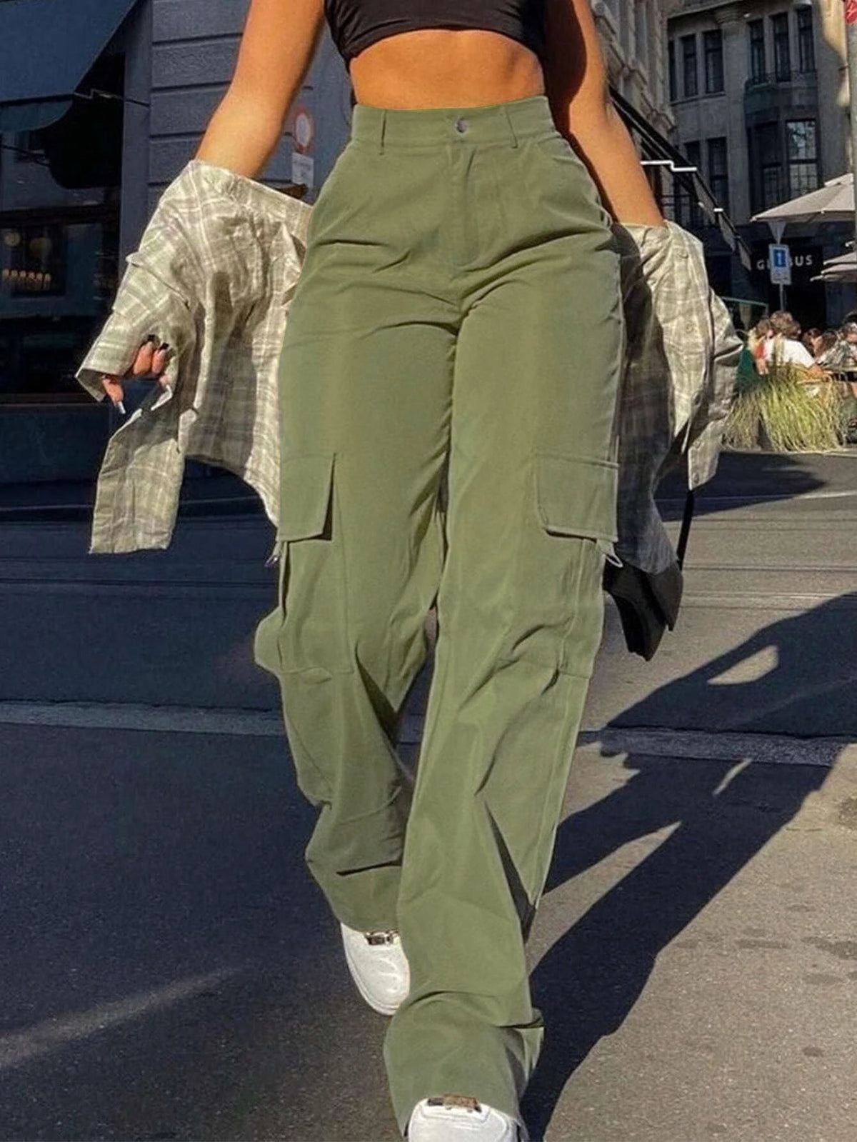 Women's Plain High Waist Cargo Pants, Street Fashion Casual Pocket Button Trousers for Daily Wear, Ladies Bottoms for All Season - Chrissy's Eye