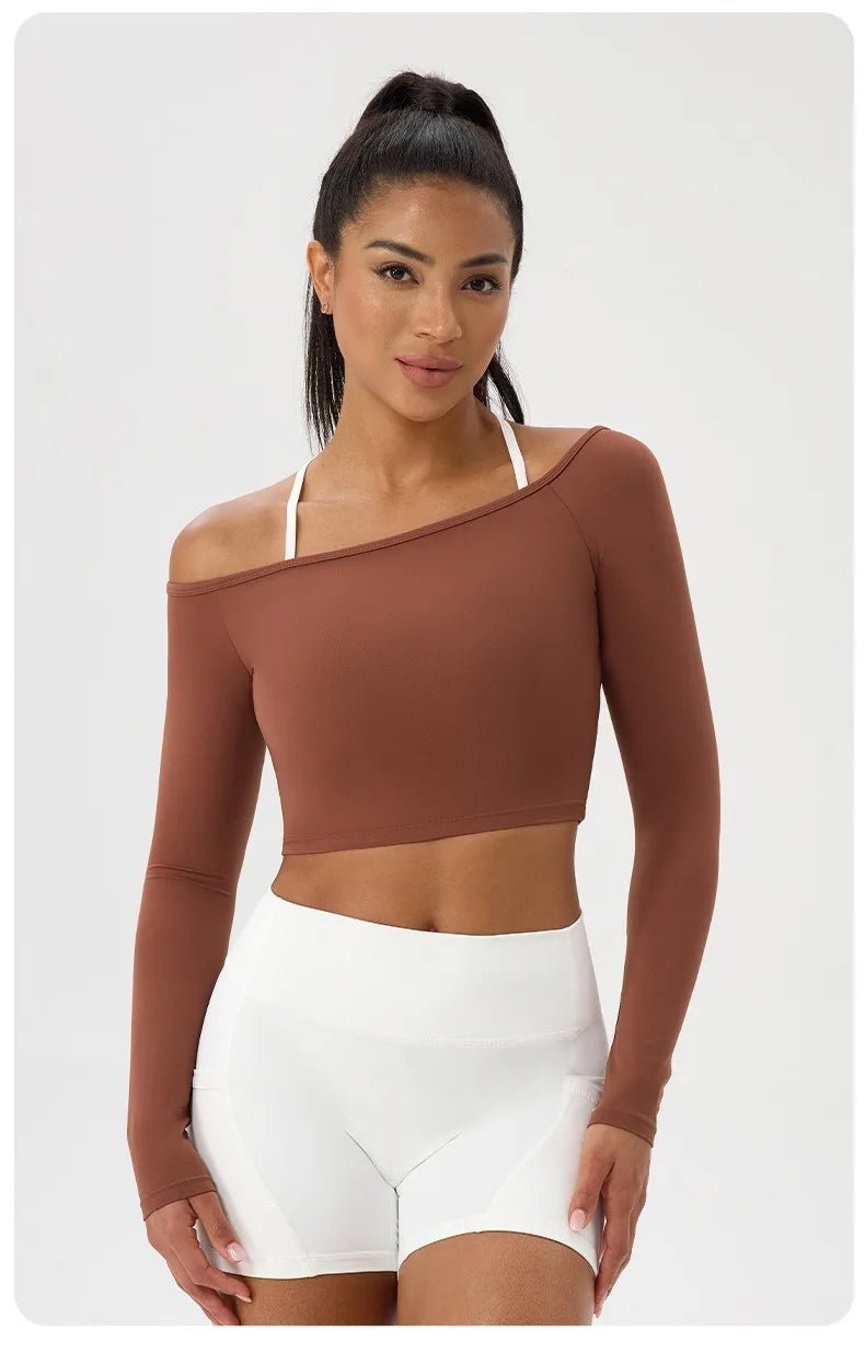 Women Sexy Off Shoulder Yoga Top Long Sleeve Gym Running Top Solid Quick-Dry Sport Workout Shirt - Chrissy's Eye