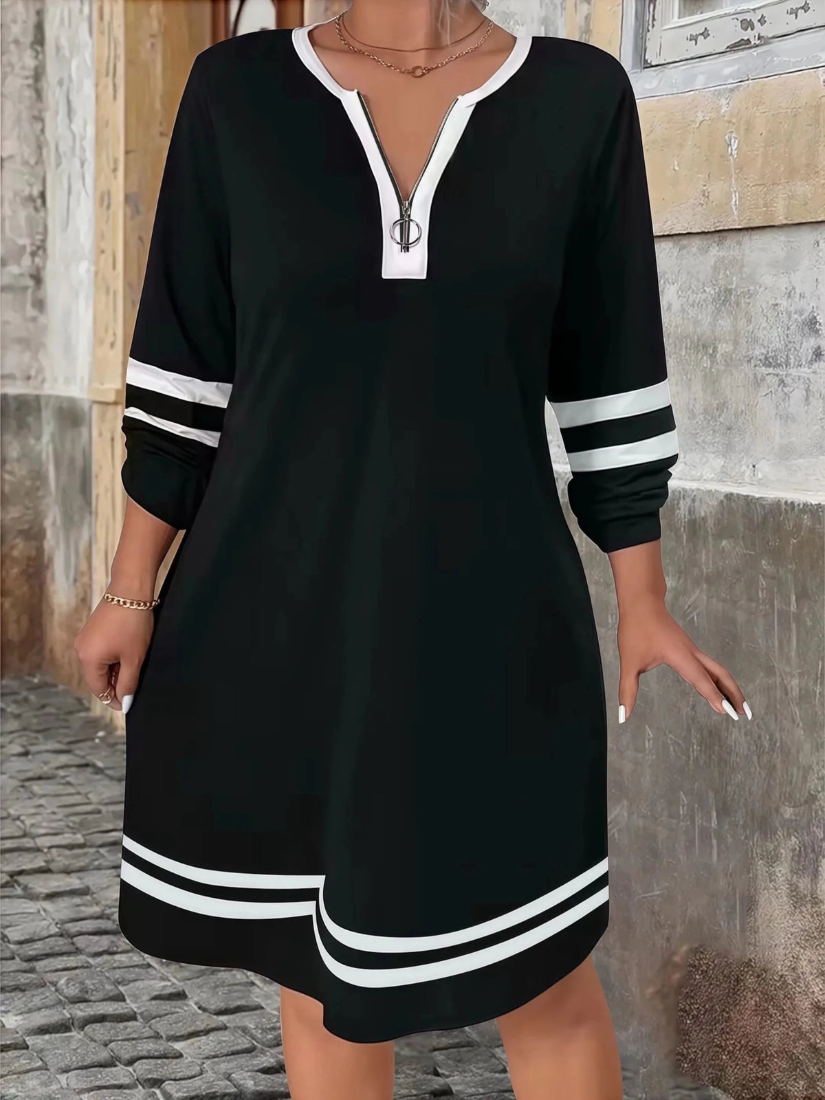 Elegant Striped Print Zip-Neck Versatile Mid-Length Long Sleeve Plus Size Winter Dress for Women - Chrissy's Eye