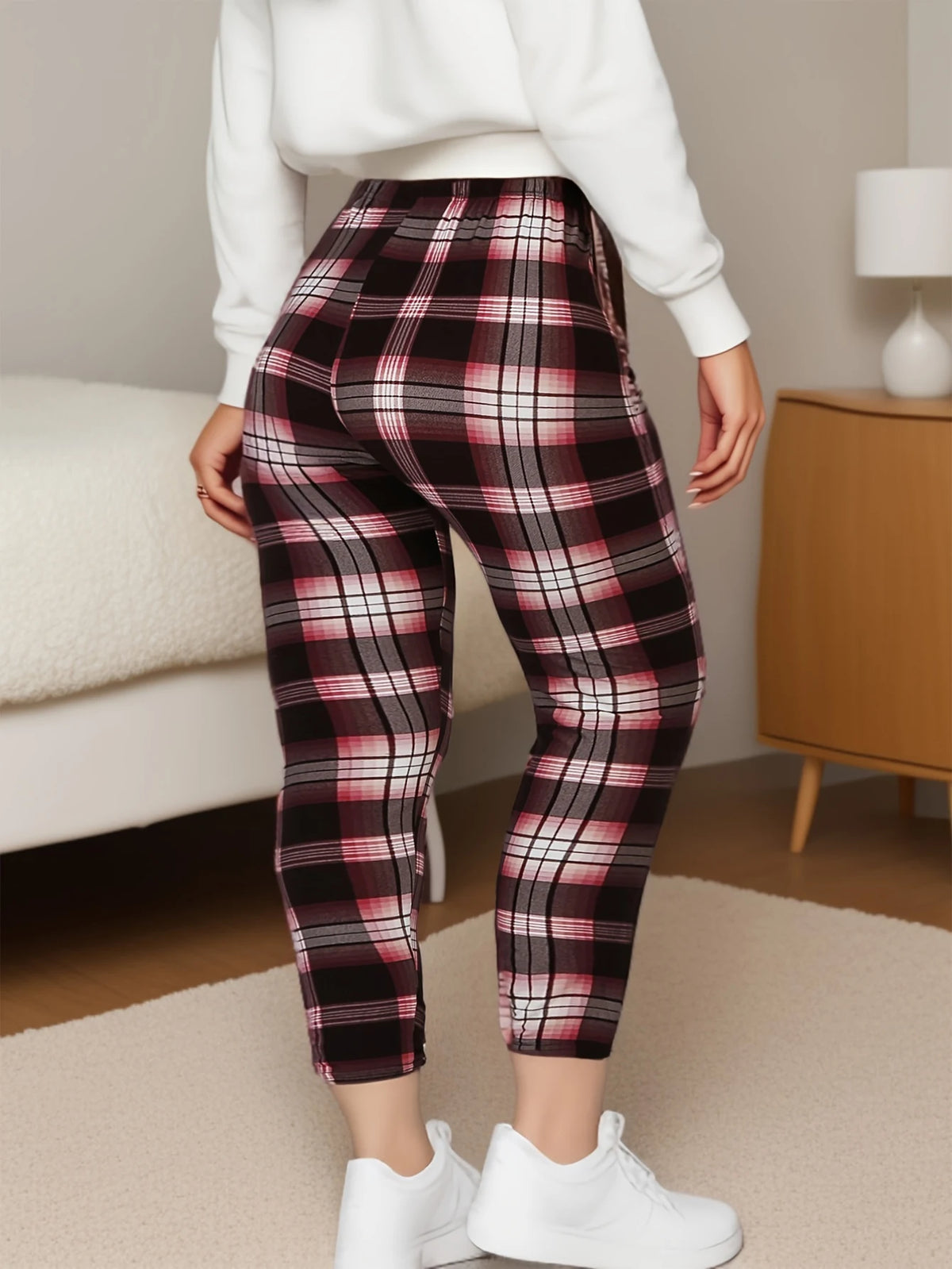 CUHAKCI Plus Size High Stretch Sexy Women's Tight Fitting Red And White checkered Comfortable Sports And Casual Tight Pants - Chrissy's Eye